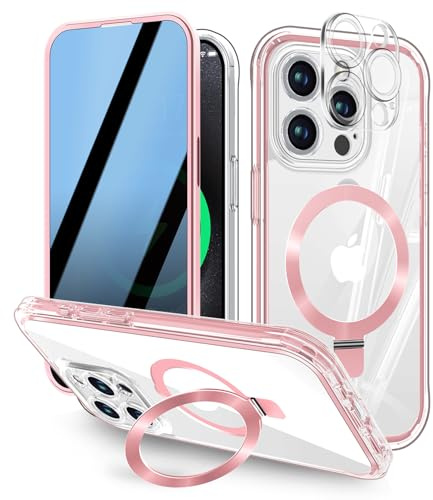 [Built-in Anti Peep Screen Protector & Invisible Magnetic Kickstand] Privacy Case for iPhone 14 Pro Max [Integrated Lens Protection] [Compatible with MagSafe] Full-Body Drop Proof Phone Case -Pink