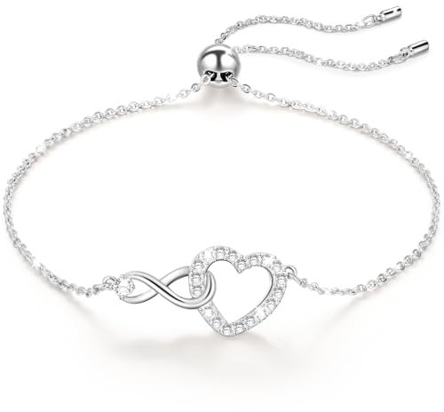 FEITENGU Silver Herz Zirkonia Armband Silber 925 Damen,Infinity Titan Medizinische Chirurgenstahl Edelstahl Verstellbar Armbänder,Schmuck,Geburtstag Jahrestag Geschenke für Frauen