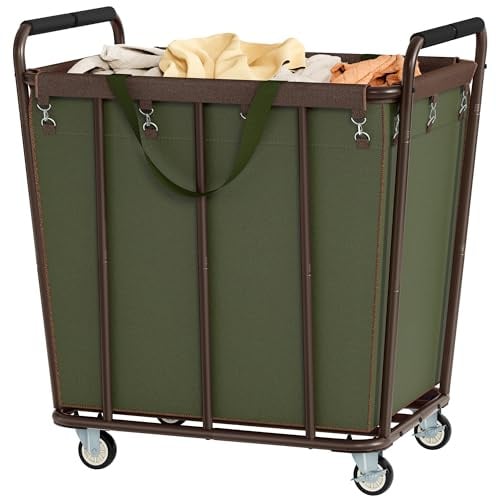 Hoctieon Large Laundry Cart with Wheels, 400L Heavy Duty Laundry Basket Organizer, Rolling Hamper Sorter for Clothes Storage, Industrial Dirty Clothes Hamper for Home & Hotel, Green+Brown