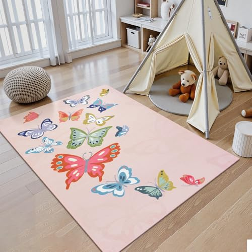 STARUIA Waschbarer rosa Teppich für Mädchenzimmer, 10,2 x 15,2 cm, weicher Schmetterlingsteppich, Kinderteppich für Spielzimmer, Kinderzimmer, Kindertagesstätte, Zelt, Schlafsaal, Schloss