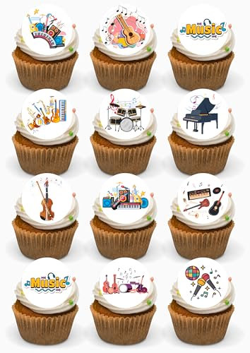 Musical Notes Birthday Cake Toppers, 24 Pack, Edible Wafer Card Cupcake Decorations for Musicians Party
