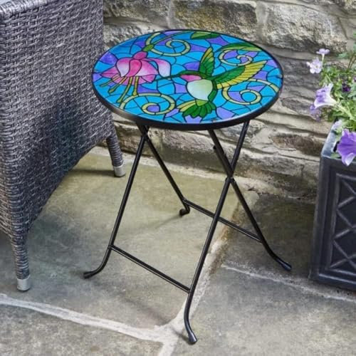 Marco Paul Table d'appoint pliante d'extérieur avec plateau en verre en mosaïque de colibri – Table basse unique pour jardin, patio, mobilier de jardin, table de bistrot en plein air (colibri)