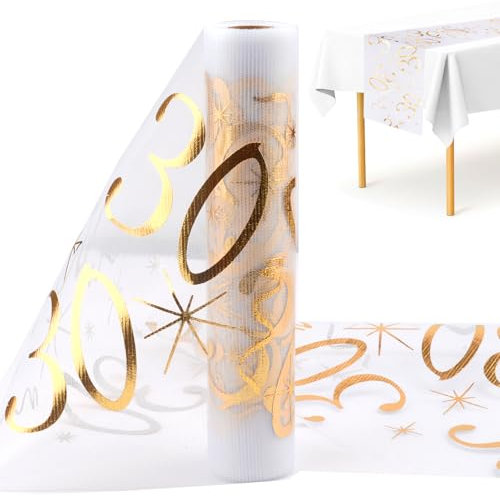 Tischläufer 30. Geburtstag Gold Glänzend, 28cm x 10m Polyester Rolle Zuschneidbar - Party Deko Tischband für 30 Jährige Mann und Frau
