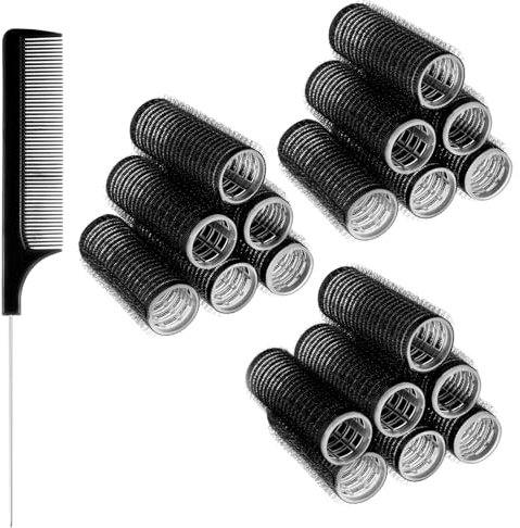 Sibba Lot de 18 bigoudis avec 1 peigne - Bigoudis adhésifs - Sans chaleur - Petits bigoudis pour cheveux longs, moyens et courts - Noir - 20 mm