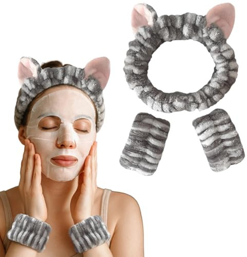 NJCXOLA 3 pcs Bandeau pour le Lavage du Visage Set, Poignets éponge doux en Tissu éponge pour le Maquillage et Les Soins de la Peau Bandeau Antidérapant, Serre tete maquillage - Blanc cassé