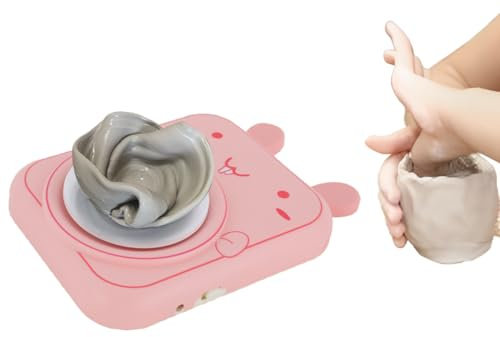 YESTAIM Töpferset Kinder Mini Elektrisch Rosa Hasenform Töpferscheibe Mit Töpferton Farbtopf Schürze DIY Töpfern Bastelset Geschenke Für Anfänger Kinder ab 3 Jahren Geeignet Mädchen Jungen