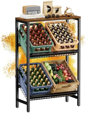 HFHOME Getränkekistenregal für 4 Kisten mit Verstellbares Ablage, Stabil Metall Ständer Getränkekisten, Freistehend Kistenständer für Küche Keller Garage, Flaschenkistenregal Rustikales Braun