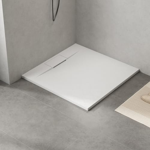 WITEN&NOCK Receveur de douche antidérapant en SMC 100 x 100 cm - Blanc - Aspect pierre - Hauteur : 3,2 cm - Ultra plat