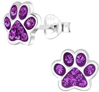Monkimau Mädchen Ohrringe Paw Print - Amethyst | Ohrstecker aus 925 Sterling Silber | Kinderohrringe hypoallergen