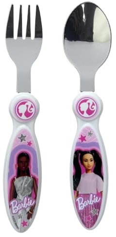 CARTOON Set posate Barbie in acciaio inossidabile atossico 2 pezzi cucchiaio e forchetta per bambini