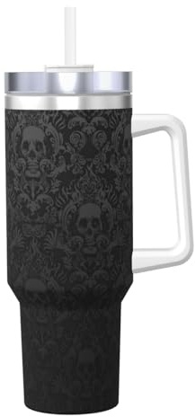 YBGHDAA Tasse mit Gothic-Tapete, Totenkopf-Druck, 1,2 l, Eis-Bully-Tasse mit Griff, Trinkbecher, Edelstahl, auslaufsicher, für Damen und Herren