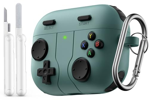 Moko Hülle Für AirPods Pro 3 2025, Design Spielkonsole, Grün | Schutzhülle Mit Reinigungsset & Tragbarer Schlüsselanhänger, Passend Zu AirPods Pro 3 Gen, Coole Silikonhülle