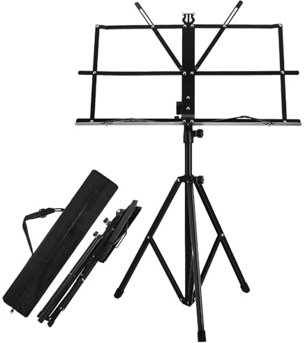 Tragbares Klapp Notenpult mit Höhenverstellung 650–1350mm, Schwarz | Dreieckiger Standfuß, Winkelverstellbar und Stabil, für Musikprobe, Bühne, Chormappen, Lehrbücher