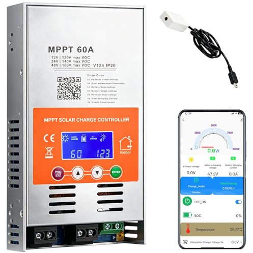MPPT Laderegler Solar 60A 12V/24V/48V Auto, Solarregler mit LCD-Anzeige | Max PV Leerlaufspannung 160V, Eingebauter WiFi Adapter APP Fernsteuerung, ohne Batterie