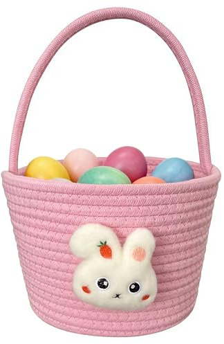 Mervokl Cotton Woven Easter Basket with Handle - Empty Pink Bunny Pattern Basket for Easter Egg Hunts, Treat Storage & Spring Celebrations