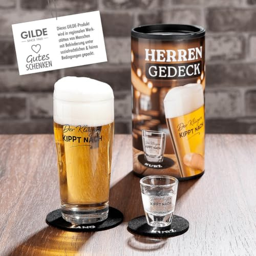 GILDE Herrengedeck 4-teilig, Bierglas und Schnapsglas Set mit 2 Filz Untersetzern, Der Klügere kippt nach, in Geschenkbox