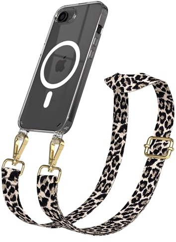 EAZY CASE Handykette - Verstellbares Taschenband kompatibel mit iPhone 17e, Schulterriemen, Handykordel mit Silikon Hülle, Qi Charging kompatibel, Umhängetasche, Leo - Schwarz Beige Gold