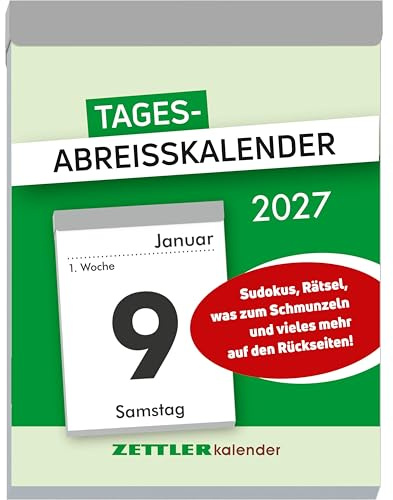 Tagesabreißkalender XL 2027: Abreißkalender 8 x 11 cm, 1 Tag pro Seite mit Sudoku, Rezepten, Rätseln & Tipps auf den Rückseiten
