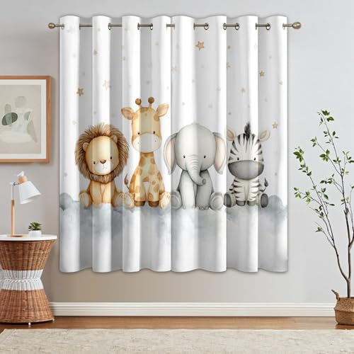 Generisch Kinder Safari Gardinen Blickdicht 2er Set, Vorhänge Löwe Giraffe Elefant Cartoon Motiv mit Ösen, Wohnzimmer Schlafzimmer Deko, Thermovorhang Verdunkelung, H 137 x B 117 - J327