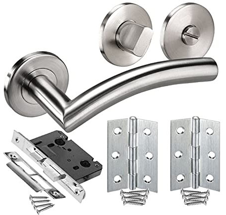 Door Handle Pack for Bathroom Doors with Brushed Steel Handles, Lock, Turn and Hinges H730051S HB1