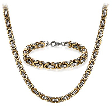 JewelryWe Halskette Armband 2er Set Herren: Gold Silber Edelstahl 8mm Breite Königskette Byzantinische Ketten Set von Halsketten und Armketten für Männer Dick Schwer Kette Hip Hop Punk Schmuck 24 Zoll