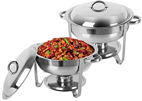 ROVSUN 5 Qt 2 Packed Full Size Upgraded Stainless Steel Chafing Dish Buffet Silver Round Catering Warmer Set with Food and Water Trays, Mirror Cover, Thick Stand Frame for Kitchen Party Banquet