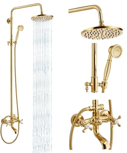 Exposed Shower Faucet Set 8 Rain Shower 2 Double Knobs Handle Gold Polish Triple Function Tub Spout Shower Fixture Combo System Unit Set