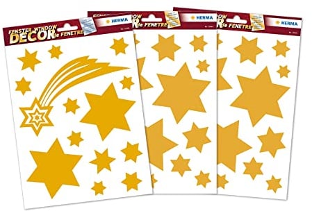 HERMA 15545 Fensterbilder Weihnachten Sterne Sternschnuppe Gold, 44 Stück, selbstklebend, Kinder Fensteraufkleber, ablösbare Winter Fenstersticker, Glitzer Fensterfolie für Kinderzimmer Weihnachtsdeko