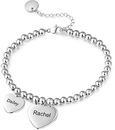 Personalisierte Damen Armband Herz Anhänger mit Namen Gravur Verstellbare Mutter Tochter Armbänder für Paar Freunde Geschenk Muttertag Geburtstag Valentinstag (2 namen)