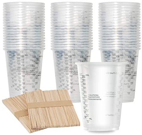 XUXU 100pcs 8oz Graduated Clear Plastic Measuring Cups with 100pcs Wooden Stirring Sticks for Mixing Paint, Pigments, Epoxy Resins, Resins