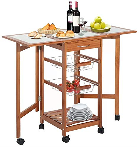BAKAJI Carrito de Cocina Extensible con Superficies de Apoyo alicatadas Plegables para Ahorrar Espacio, de Madera de Pino con 3 cestas fruteras de Acero, cajón para Cubiertos y 6 Ruedas giratorias