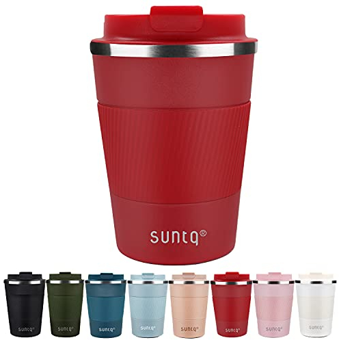 SUNTQ Kaffeebecher to go Thermo aus Edelstahl - Thermobecher mit Gummierte Manschette Doppelwand Isoliert - Kaffeetasse mit Auslaufsicherem Deckel Wiederverwendbar, Weinrot 380ml