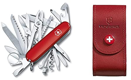 Couteau de poche Victorinox Swisschamp (33 fonctions, Pince universelle, scie à bois et scie à métaux) rouge & Etui cuir pour Couteau Suisse, rouge