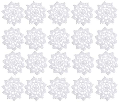 Milisten 20 Stück handgehäkelte Spitzendeckchen zum Basteln, Schneeflocken-Mini-Deckchen, Spitzen-Untersetzer, Baumwoll-Blumen-Applikationen, Flicken für Kleidung, Stirnbänder, Geschenkpaket, weiß