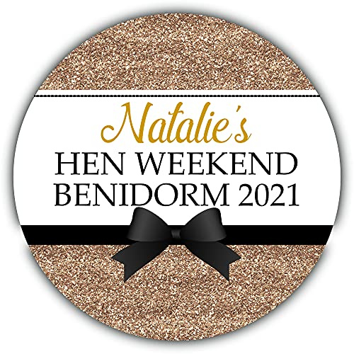 Personalised Hen Night Stickers Labels for Party Bag Thank You Printed Glitter Effect (24 x Round 45mm Medium, Gold)