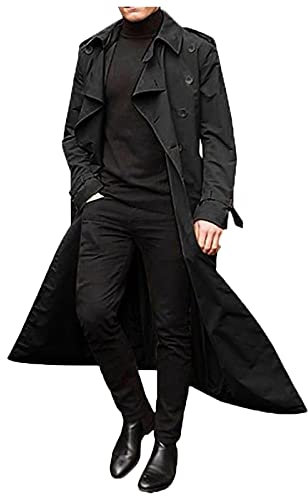 Xmiral Cappotto Uomo Autunno Inverno Lungo Trench Doppio Petto Cappotti Cintura Allentata Giacca (L,nero)