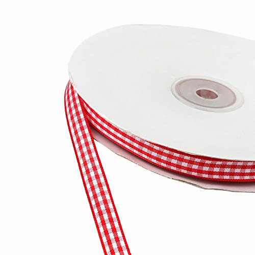 Duories 45m Karoband Schleifenband Geschenkband Vichy Bauernkaro Bänder zum Basteln,Stoffband Dekoband Bögen für Weihnachten Hochzeit Valentinstag Taufe Geburtstags Party Geschenk Verpackung,10mm Rot