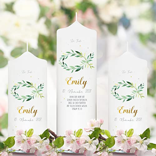 Wandtattoo Loft Taufkerze Mädchen oder Junge mit Taufspruch + 2 Patenkerzen, Motiv mit Fisch Blätterkranz, 25cm x 7cm, personalisierte Kerze, bedruckte Kerze Taufe, Stumpenkerze, Taufgeschenk