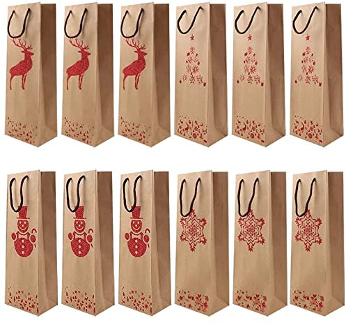 12 Geschenktüten für Wein, Weihnachten Flaschentüten Geschenktüten 36 x 8 x 13 cm, Weintüten Kraftpapier Flaschen Tüten Geschenktaschen mit Henkel für Wein Whisky Champagner, Neujahr Flaschentasche