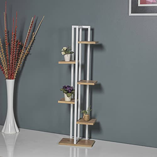 [en.casa] Blumenständer Tohmajärvi 6 Ebenen Blumenregal 120 x 34 x 21 cm Pflanzenständer Indoor Pflanzenregal Wohnzimmer Weiß/Walnussoptik