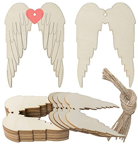 Engelsflügel Form Hängende Holz Engelsflügel Unlackiertes Holz mit Bindfäden DIY Handwerk Ornament für Weihnachten Hochzeit Geburtstag Thema Party Dekoration 20 Stück