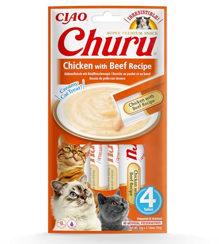 Ciao Churu Sticks by INABA Cat Treat - Chicken & Beef Flavour (4 x 14g) / Soft & Creamy Cat Treat, Delicious & Healthy Snack, Squeezable Purée Food Topper, Pill Assist, Natural, Grain Free