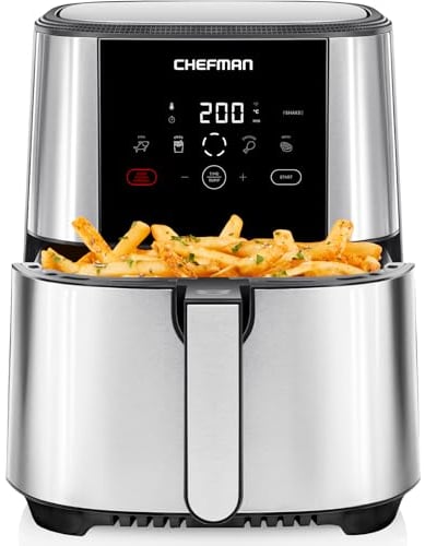 Friggitrice ad aria Chefman TurboFry Touch, 5 litri per famiglie, controllo digitale, patatine, pollo, carne, pesce, parti antiaderenti lavabili in lavastoviglie, spegnimento automatico, acciaio inox