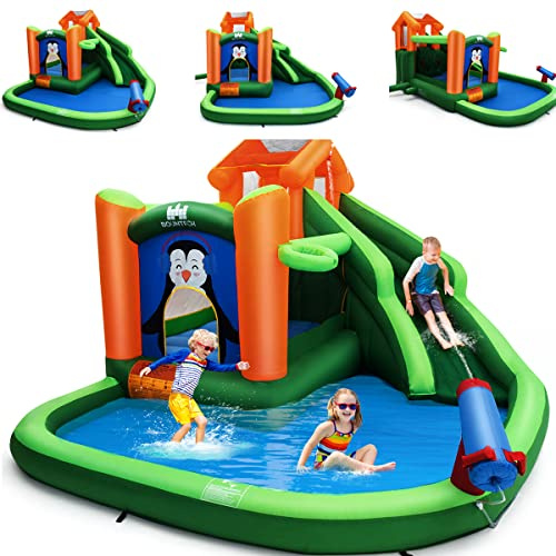 COSTWAY Château Gonflable avec Toboggan Aquatique & Maison de Saut, Aire de Jeux Gonflable avec Piscine & Motif de Pingouin, Canon à Eau & Panier, Charge 135kg pour 3 Enfants de 3 à 10 Ans