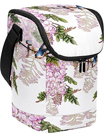 Lonchera ligera y grande, color lila con pájaros, reutilizable, para mujeres y hombres