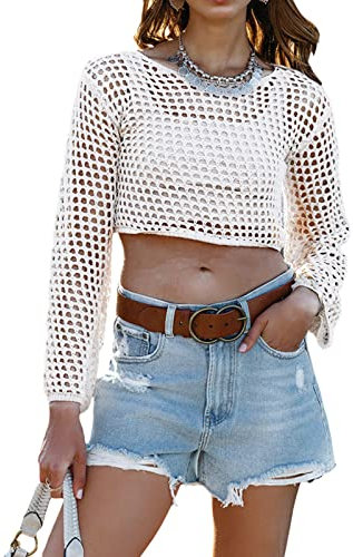 Y2K Damen-T-Shirt, gehäkelt, bauchfreies Top, langärmelig, durchsichtig, Fischnetz-T-Shirt, Strand-Vertuschung, Strickwaren-Pullover, Cropweiß, L