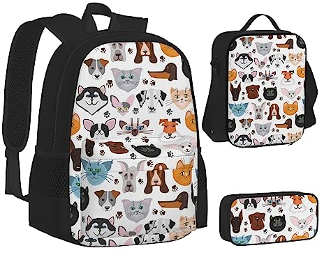AABSTBFM Schulranzen mit Totenkopf-Motiv, mit Lunch-Tasche, Federmäppchen, Reise, Laptop, Rucksack, Schultasche, 3-teiliges Set, Cartoon Katze und Hund, Einheitsgröße, Schulrucksack