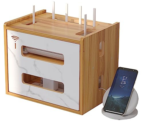 Holz-Router-Regal, Desktop-WLAN-Router-Aufbewahrungsbox, Modem-Rack-Router-Abdeckung, Steckdosenleiste und Kabelmanagement, Versteck-Organizer für Büro und Zuhause (Kirschholz)