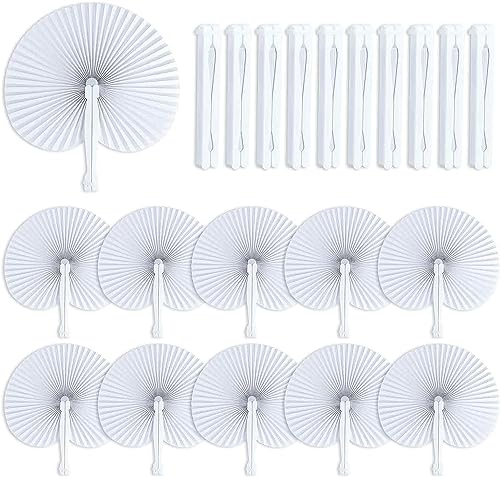 LATERN 72Pcs Folding Paper Fans, 25CM Round Paper Fans Chinese Handheld Fans White Wedding Fans with Plastic Handles for Summer Wedding Birthday Party DIY Favours Travel