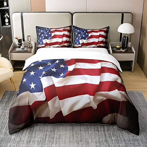 Bettbezug Set 100% Bio Gewaschene Baumwolle Vereinigte Staaten Blau und Rot Gedruckt Bettwäsche Set für Kinder Teens Erwachsene Usa Föderationen Sterne Tröster Bezug 155x220 mit 1 Kissenbezug